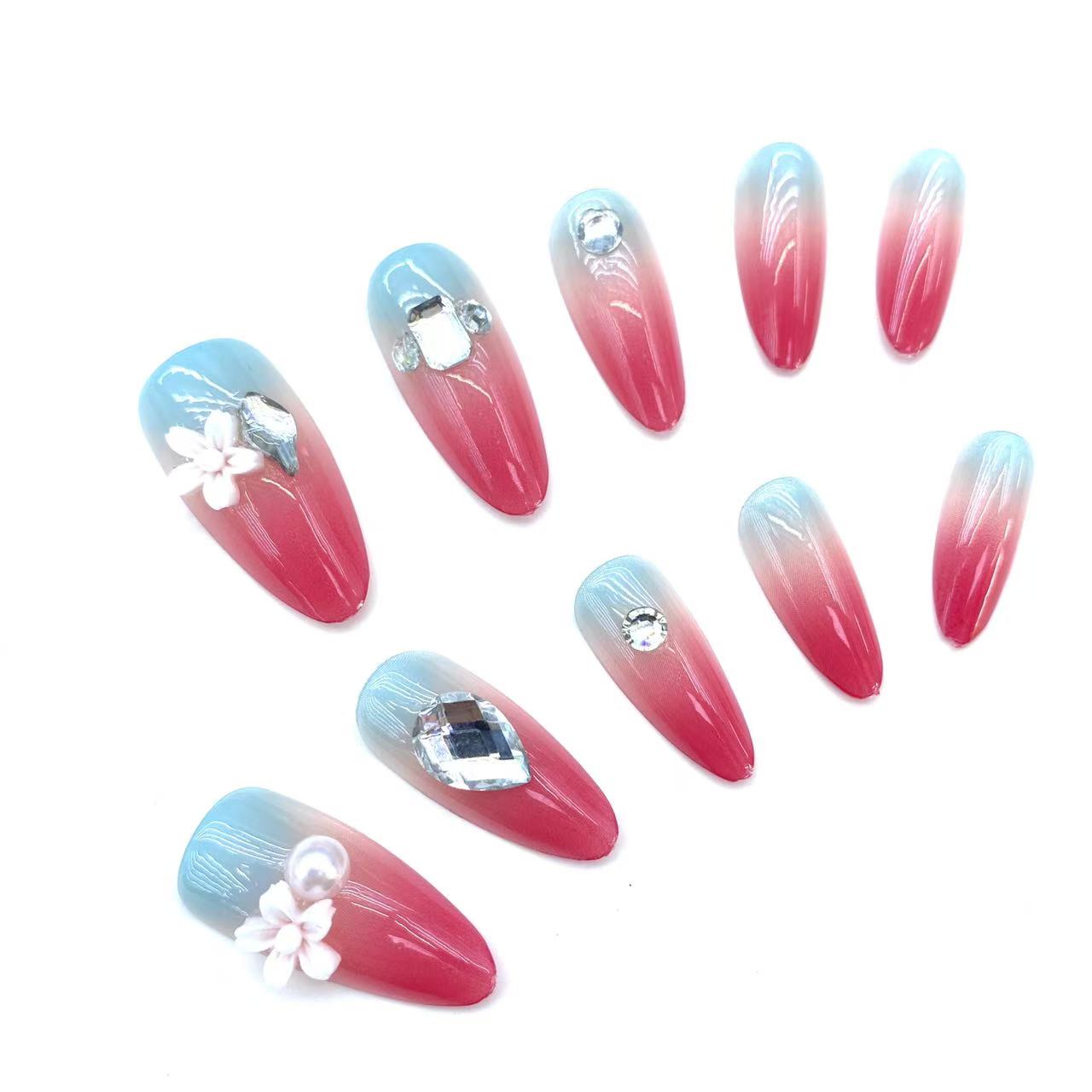 Elegant Handcrafted Press-On Nails - Set of 10 Pieces with Realistic 3D Flower Designs & Sparkling Pearls