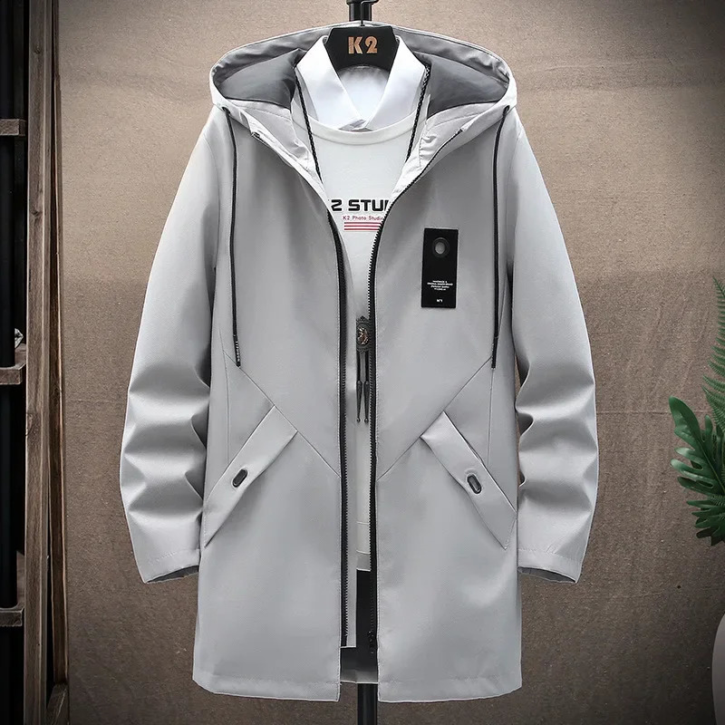 2023 Autumn Mens Hooded Jacket Solid Color Zipup Mediumlength Casual Trench Coat Windbreaker Stock Available 250729
