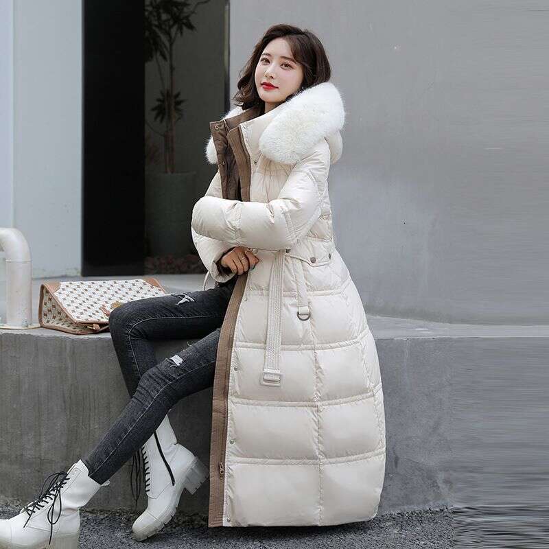 Winter new large fur collar, medium length waist belt, slim fit down cotton women's jacket