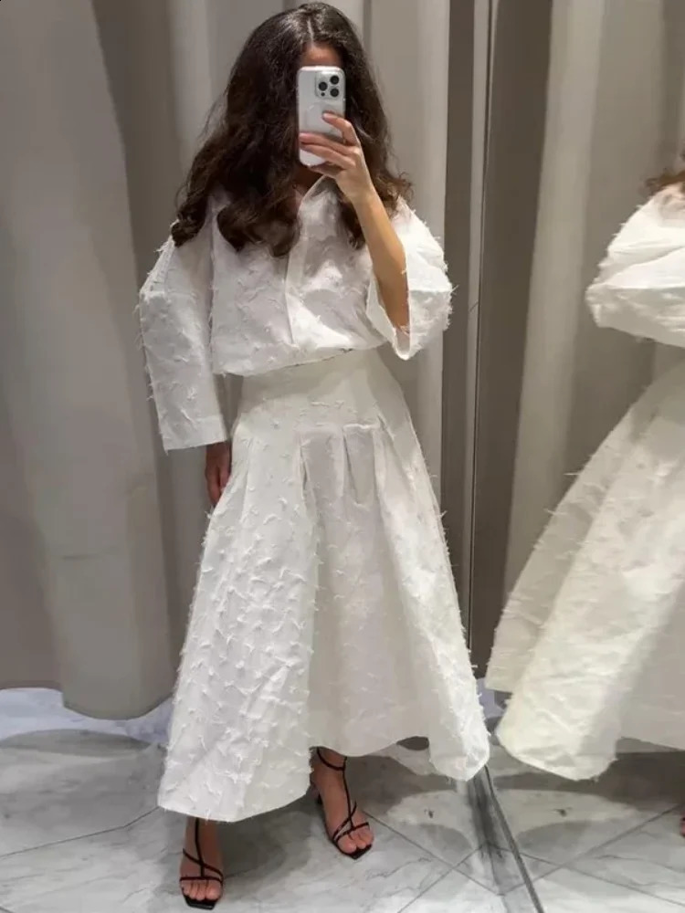 White Womens Tassel Shirt Skirt Sets Summer Loose Long Sleeve Button Top Pleated Mid Skirts Elegant Lady Commute Street Outfits 250811