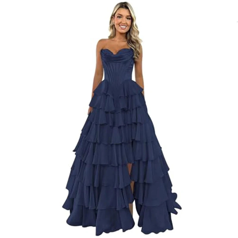 Side Slit Chiffon Prom Dress for Party Aline Puffy Ball Gown Floor Length Sleeveless Tiered Sweetheart Evening 250811