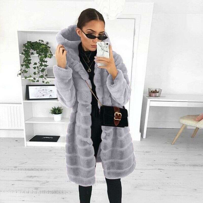 Women's Clothing Hot Selling Autumn And Winter Solid Color Plush Hooded Mid Length Coat For Women