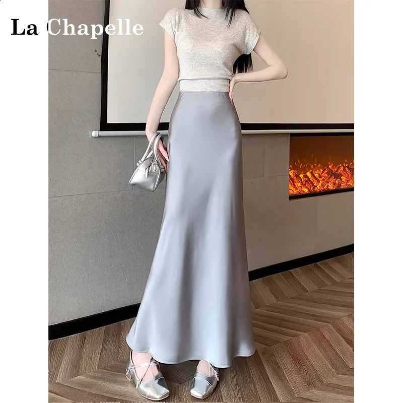 Womens Long Skirt Summer Silk High Waisted Satin Skirt Slim Fashion Korean Solid Champagne Black Midi Skirts for Women 250809