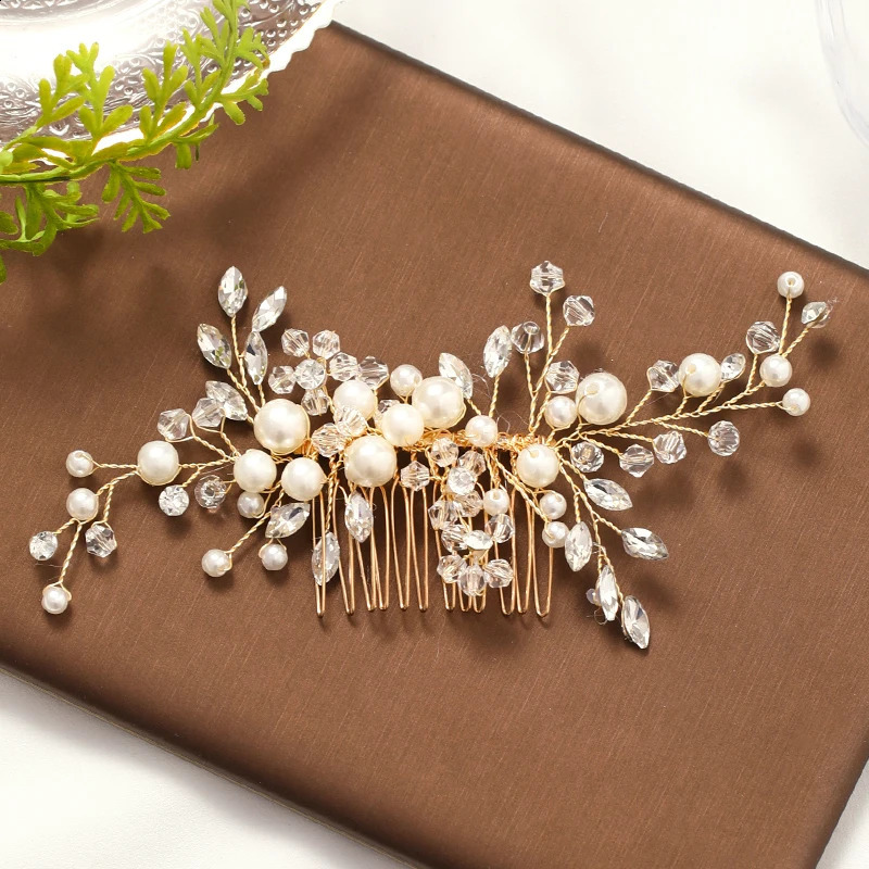 Trendy Gold Pearl Crystal Tiara Wedding Hair Combs Accessories for Bridal Headpiece Women Jewelry 250804