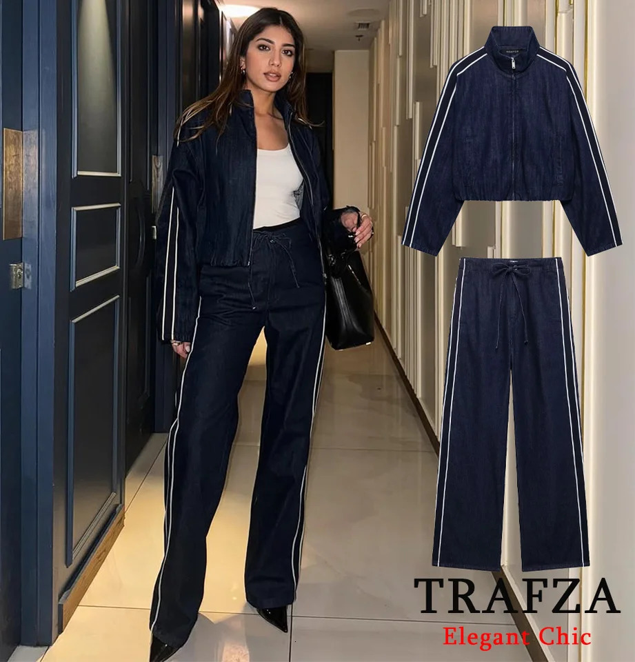 TRAFZA Women High Street Denim Set Side Stripe Stand Collar Zipper Jacket LaceUp Pant Spring Fashion Casual Female 250811