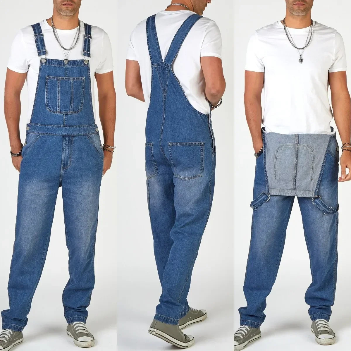Men Jeans Denim Overalls Jumpsuits Pencil Pants Solid Washing Mid Waist Cargo Pockets Casual Ankle Length 2025 Ropmer 250729