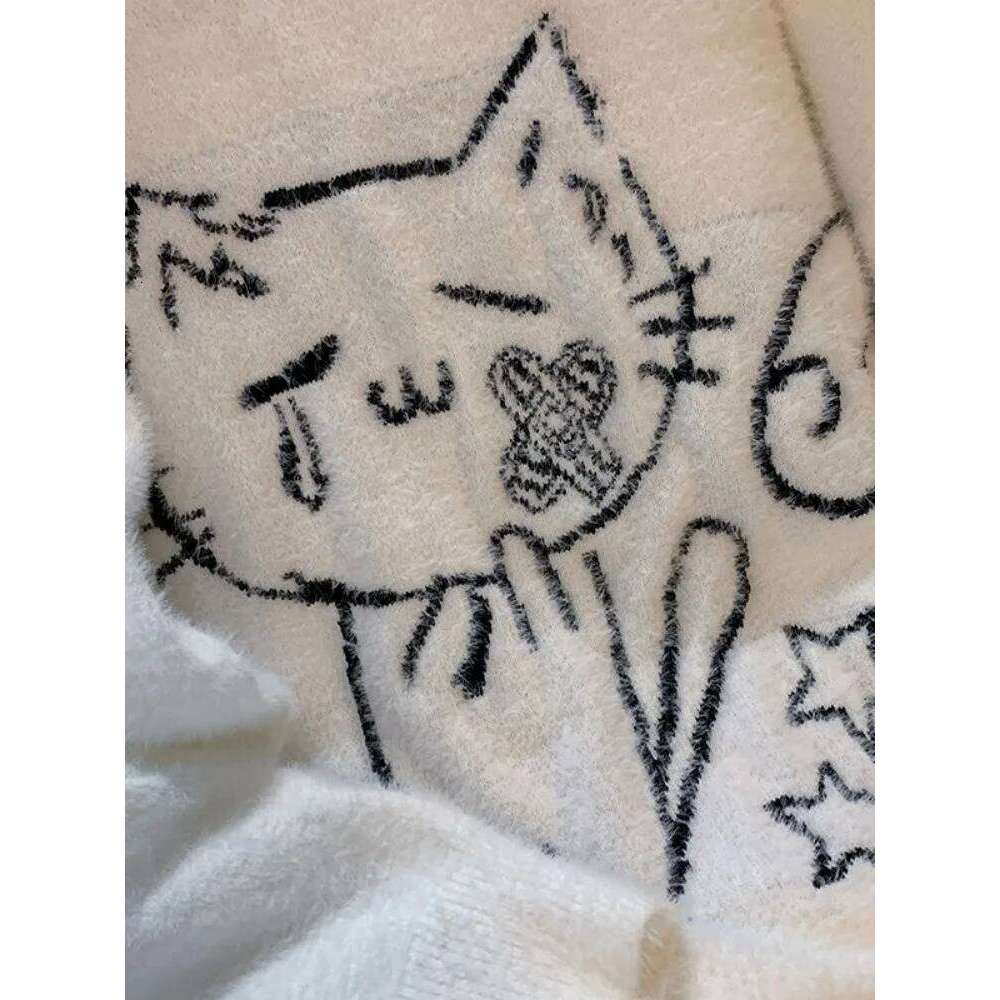 Vintage Preppy Kawaii Cartoon Jacquard Pullovers Sweet Haruku Loose Grunge Jumpers Y2k Aesthetic Women White Knitted Sweaters