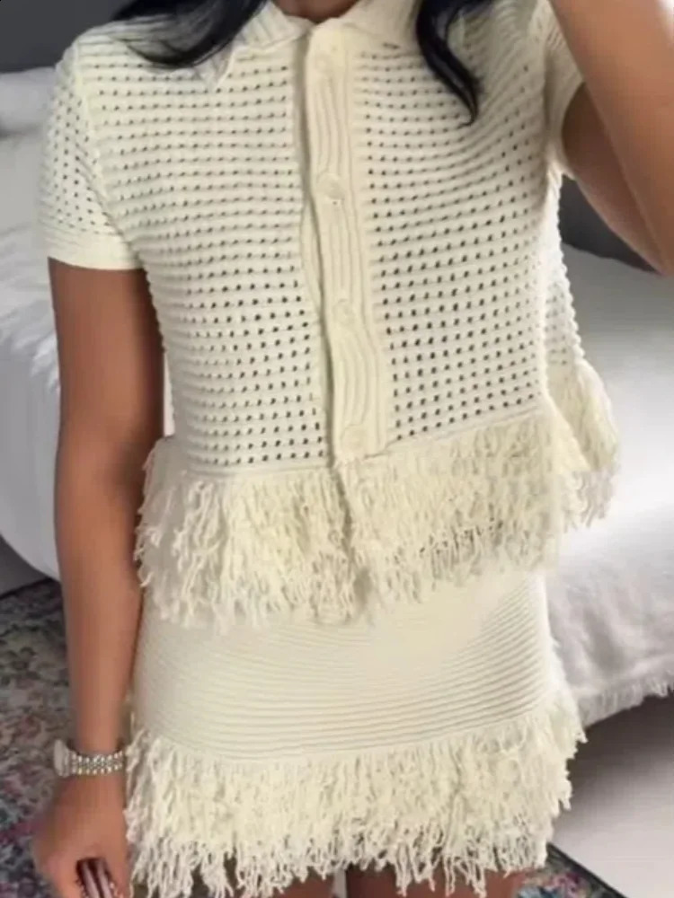 Elegant Women Knit Tassel Cardigan Skirt Sets Hollow Out Lapel Half Sleeve Top Pleated Mini Skirts 2025 Summer Lady 2 Piece Set 250811