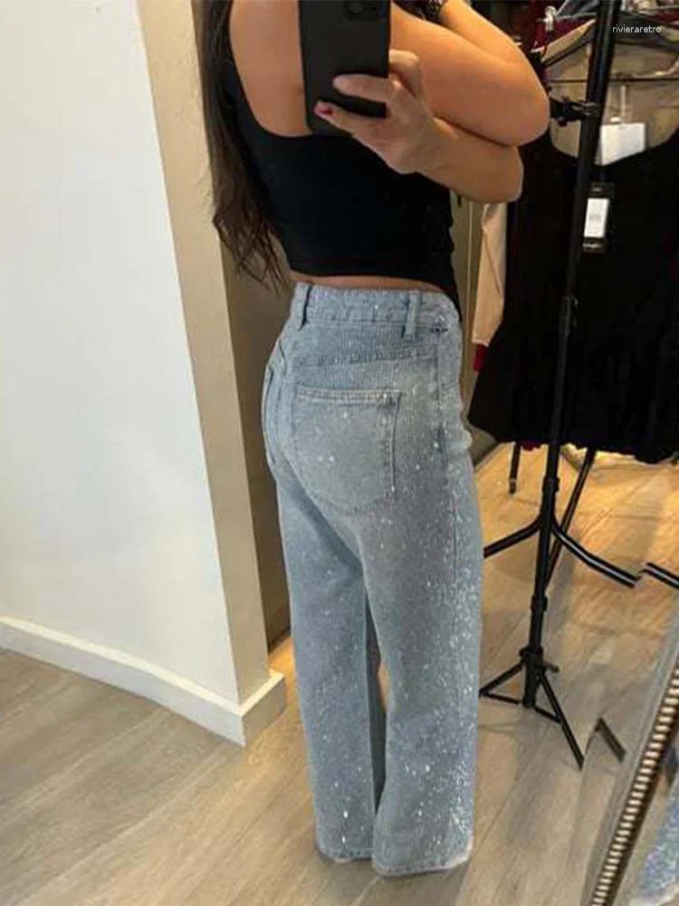 Women's Jeans Sparkling Women Slight Blue All-Over Rhinestone Denim Full s Pants High Waist Straight Luxury Casual Daily Trousers Z260313