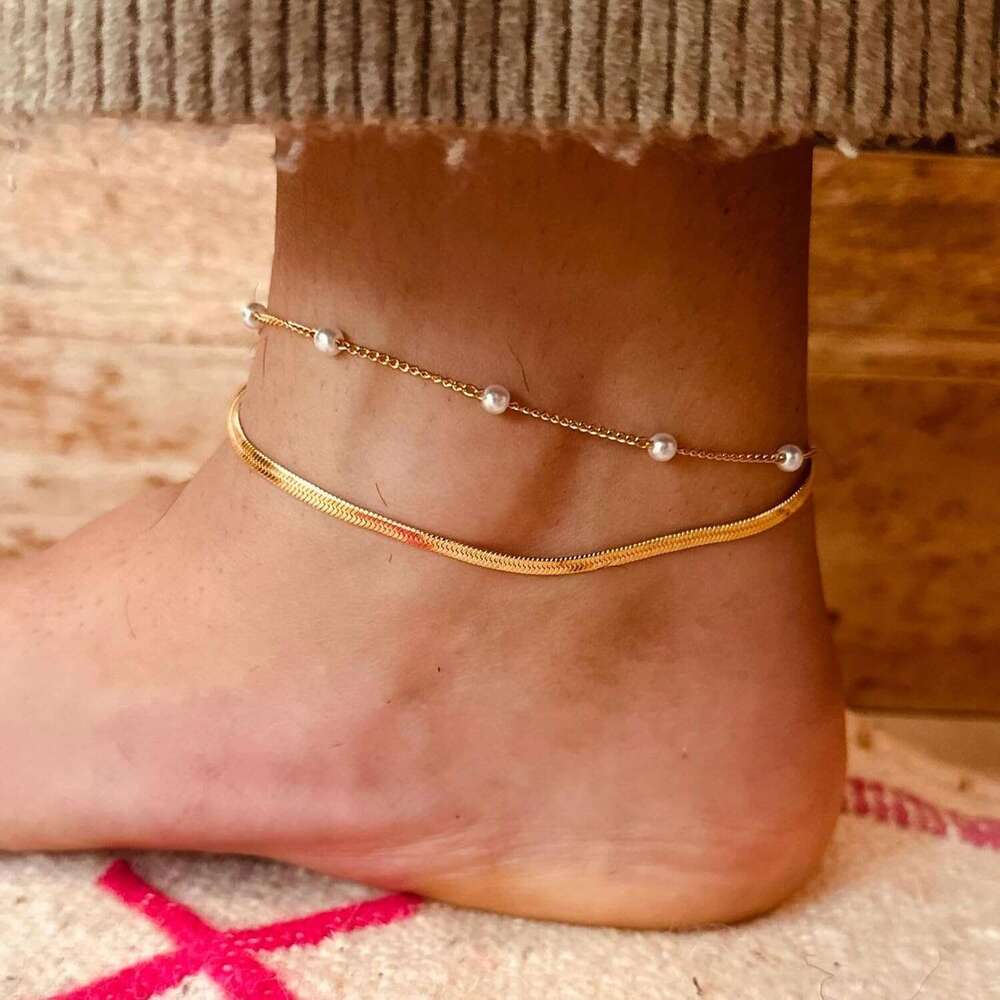 Waterproof Ankle Bracelets Gold Non Tarnish Pearl/Figaro/Cuban/Snake Chain Adjustable Anklets Womens Summer Beach Anklet Foot Jewelry for Women Gift