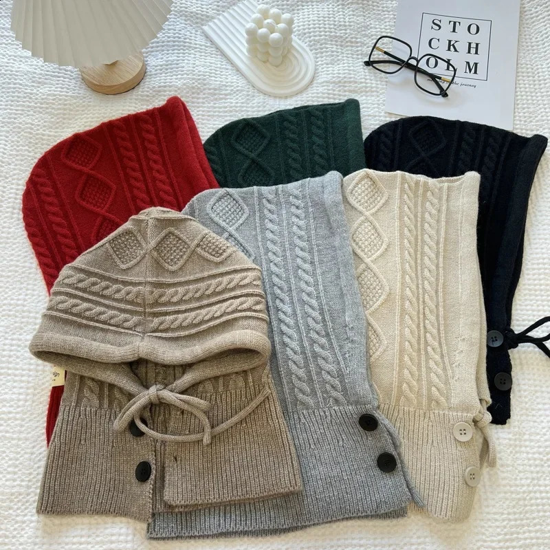 Knitted Balaclava Hat Winter Warm Thicken Cashmere Scarf Set Shawl Split Finger Gloves Wool Pullover Hat Accessories 250808