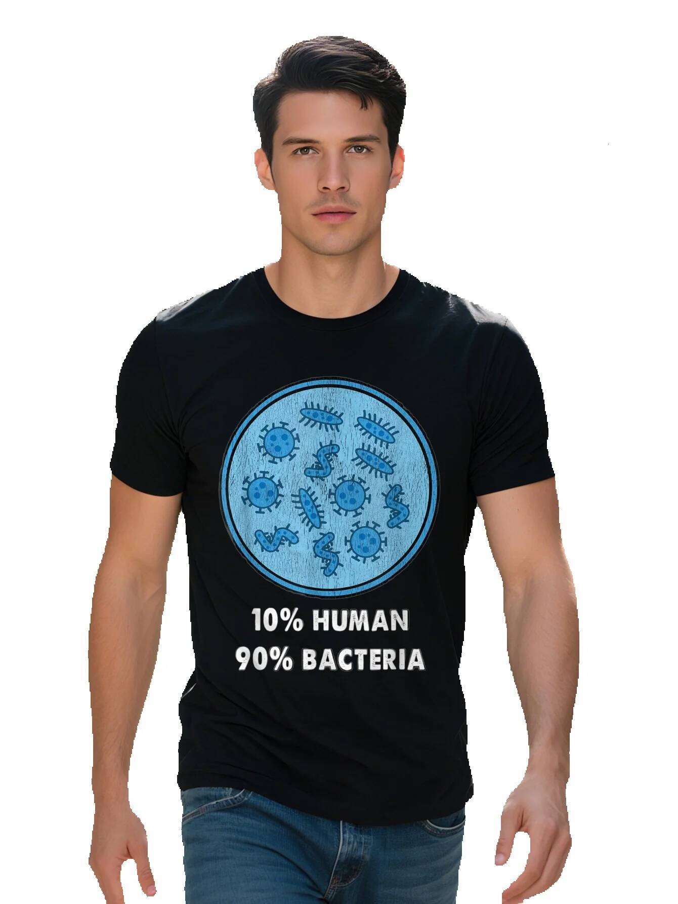 Men s Funny Bacteria Graphic T Shirt Cotton Short Sleeve Fit Black with Blue White Microbiome Design 6e96f 01303