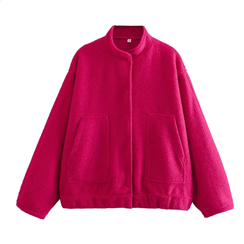 BKLD Casual Fashion Style Womens Pink Fleece Thick Warm Jackets Simple Elegant Stand Collar Long Sleeve Pockets Loose Fit Coats 250805