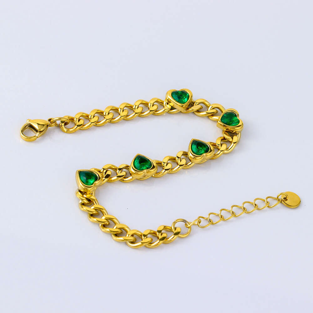 Stainless Steel Emerald Zircon Heart Fashionable Elegant Jewelry Colorful Korean Style Couple Bracelet