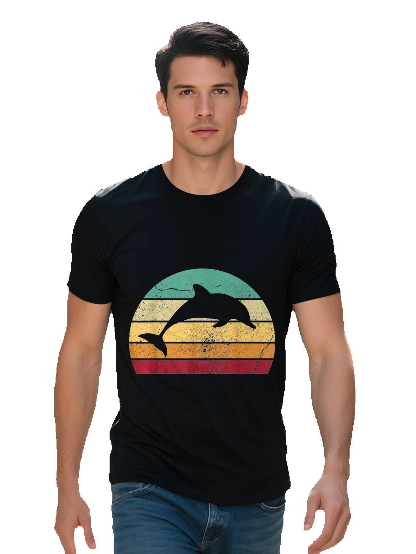 High Quality Men's Cotton T-Shirt Vibrant Dolphin Sunset Graphic Casual Short Sleeve Crew Neck Perfect 20432 13a81