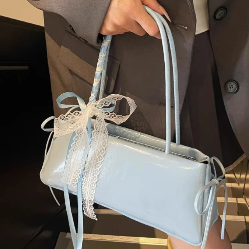 French Bowknot Lace Ribbon Stick Bag Long Square ClutchKorean Ballet Underarm Shoulder BagElegant Effortless Chic PU Handbag 250809