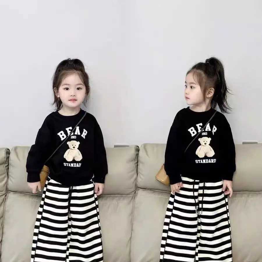 Korean Children Girls Sweatshirt Outfits Autumn Bear Tops+striped Wide Leg Pants 2PCS Clothes Set Casual Kids Girl Suits Z250811