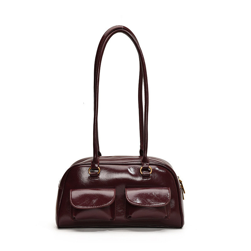 Oil Wax Leather Bowling French Underarm Women's New Fashion Large Capacity Commuter Handbag Shoulder Bag ddmymoon