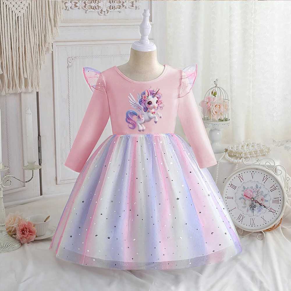 New Rainbow Unicorn Princess Dress Baby Girls Dress Spring Autumn Long-sleeved For Children Kids Clothing Birthday Party Dress W250811