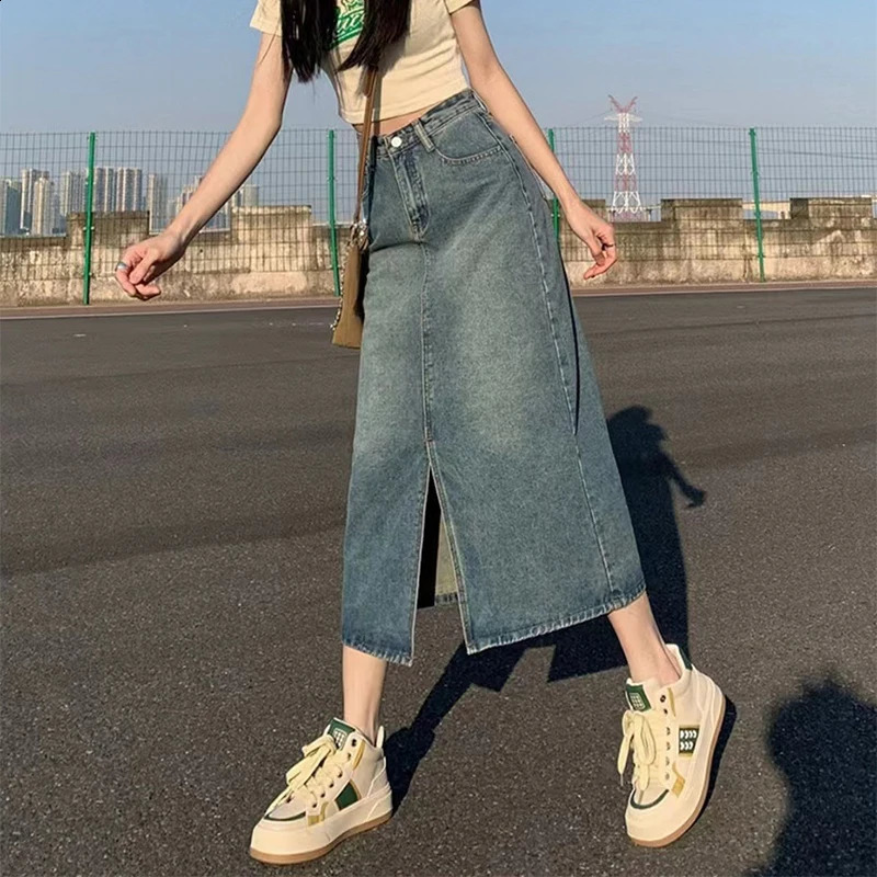 Summer High-waist Slit Denim Skirt For Women Washed Retro A- line Skirt Hip-covering Straight Long Skirt 250809
