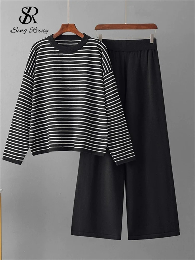 SINGREINY Fashion Loose Sweater Suits Female Full Sleeve Stripe TopsHigh Waist Long Pants Winter Korean Knitted Sets 250806