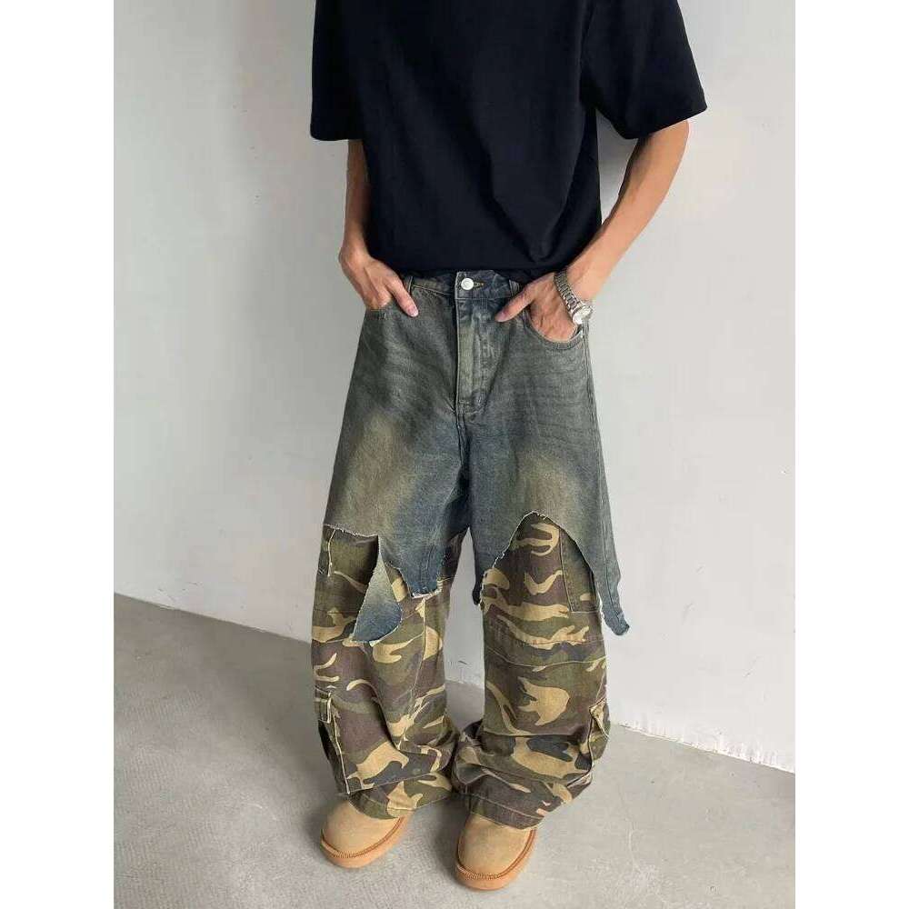 2025 Ropa Y2K Grunge Camouflage Patchwork Baggy Stacked Jeans Pants For Men Clothing New Rock Wide Leg Straight Denim Trousers