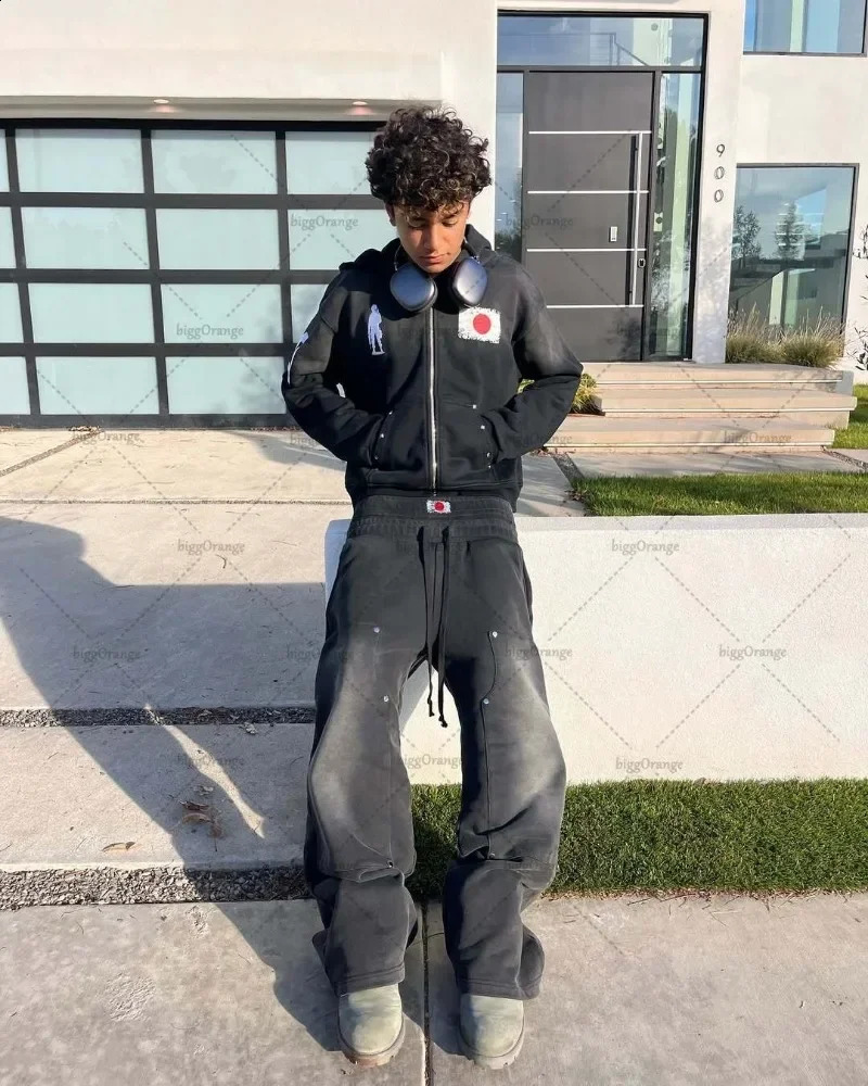 European and American letter trendy hooded cardigan autumn and winter fashion trend street sweater hoodie set 250811