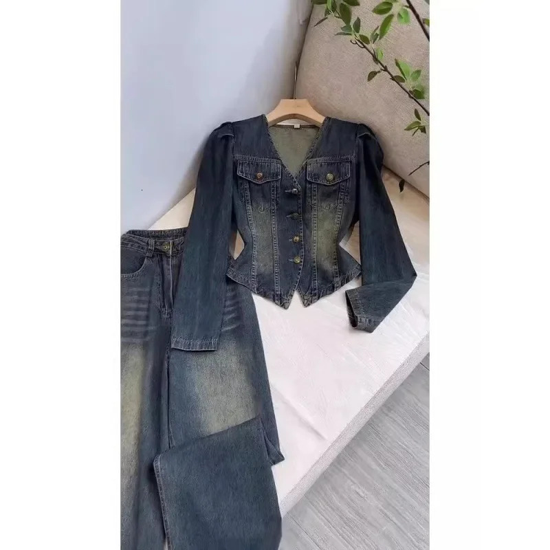 Autumn Collection Matching Streetwear Blue Denim TwoPiece Suit Pants Womens Clothing Initial Arrival 250811