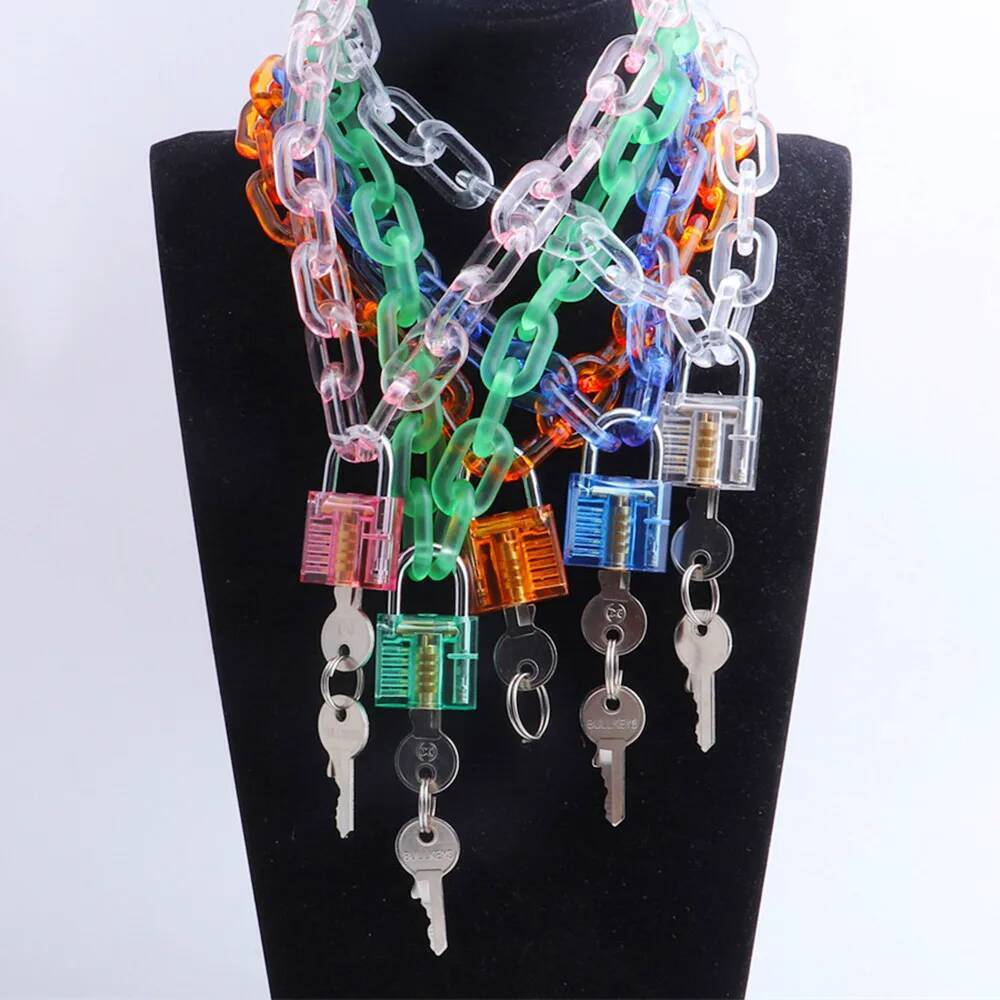 New Punk Acrylic Lock Pendant For Women Girl Pink Transparent Long Chain Necklace Nightclub Party Fashion Jewelry