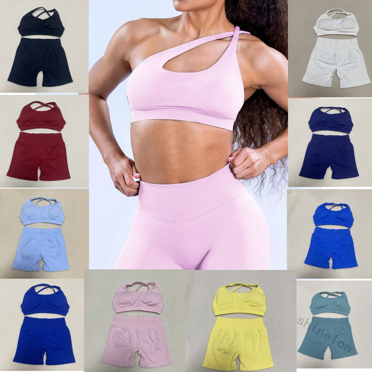 Gym Set Women 2pcs Strappy Sports Yoga Set Seamless Halter Bra High Waist Shorts Workout Sets Scrunch Shorts Fitness Clothes Gym Exercise & Fitness Wea