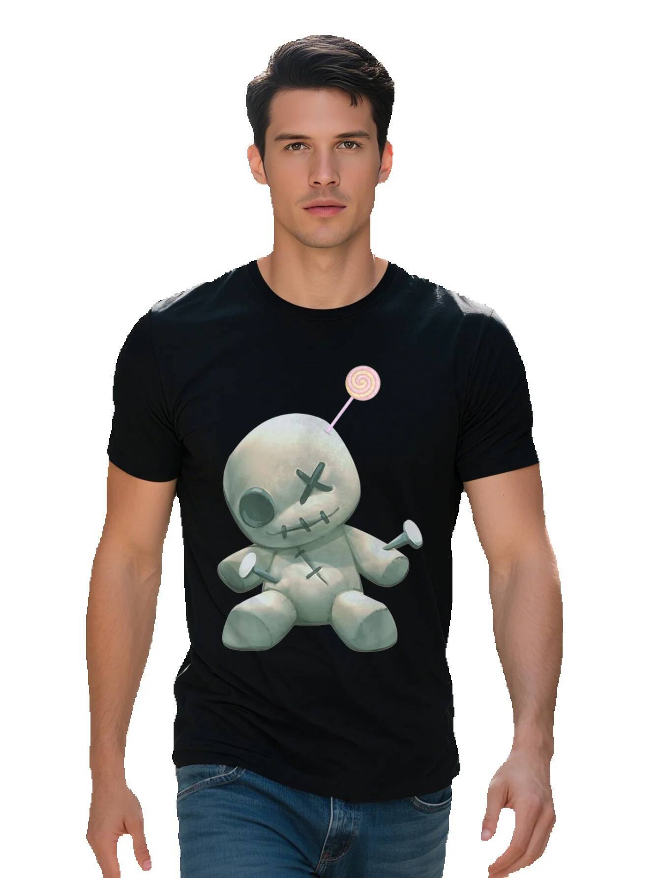 Men s Voodoo Doll Graphic T Shirt Cotton Black Crew Neck Tee with Pastel Gothic Design Short Sleeve 43e66 ecff1