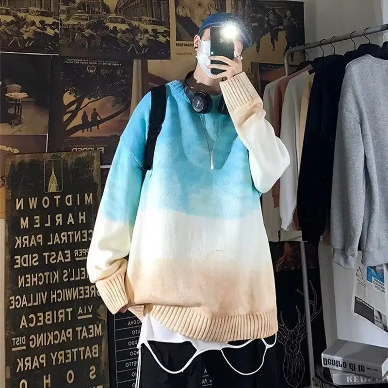 Mens Crew Neck Loose Contrast Gradient Knitted Sweater 250805