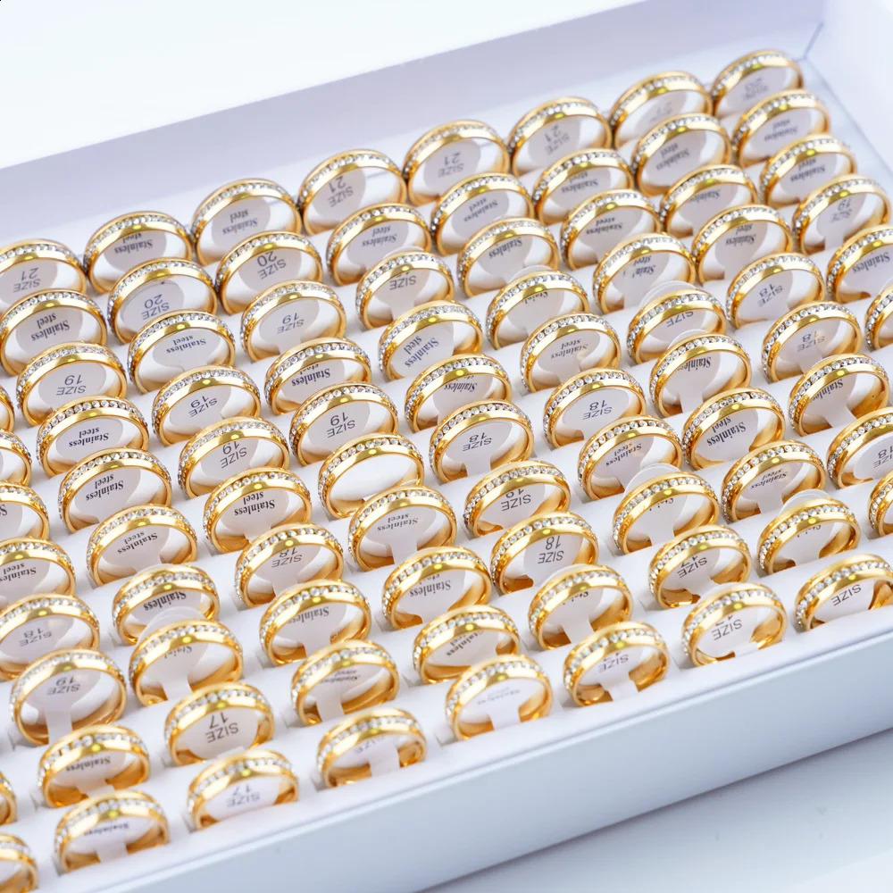 36pcs/Lot Multicolor Rhinestone Stainless Steel Silver Gold Color Rings For Women Men Mix Style Fashion Wedding Jewelry Party 250807