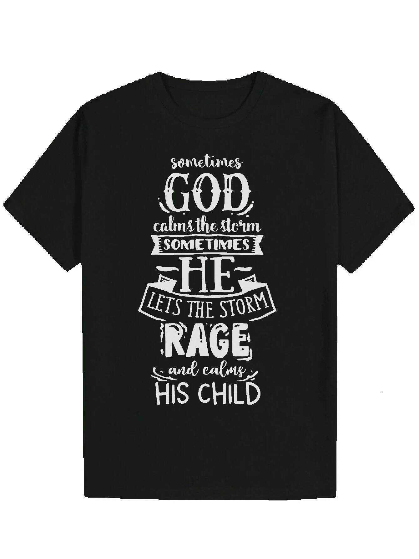 Men's Quote - 'God Calls the Storm' Pattern, Casual Crew Neck, Short Sleeve, Polyester, Summer Wear, Regular Fit, Adult Size, Inspirati