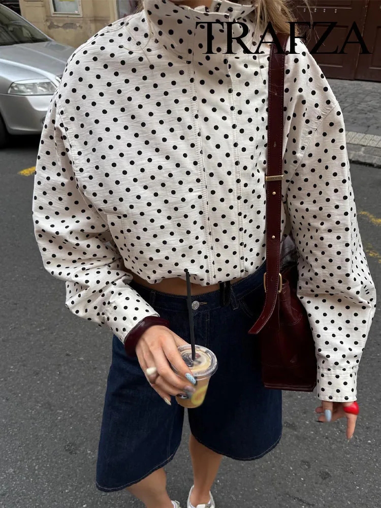 TRAFZA Woman Autumn Long Sleeves Turtleneck Zipper With Pockets Drawstring Casual Coats Women Fashion Polka Dot Printed Jacket 250809