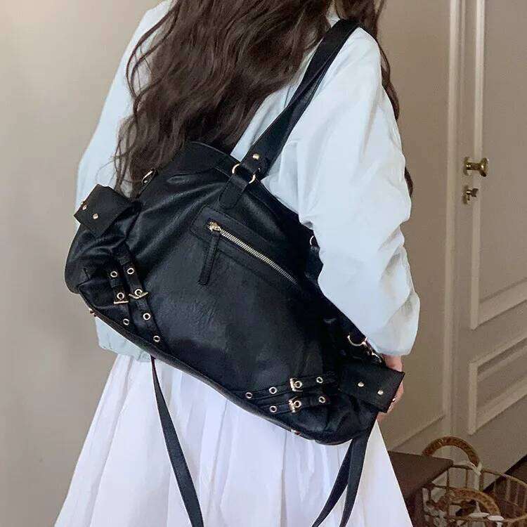 Deinet Korean Niche Large Capacity Drawstring Motorcycle Tote for Women Rivet Handbag Single Shoulder Crossbody Bag