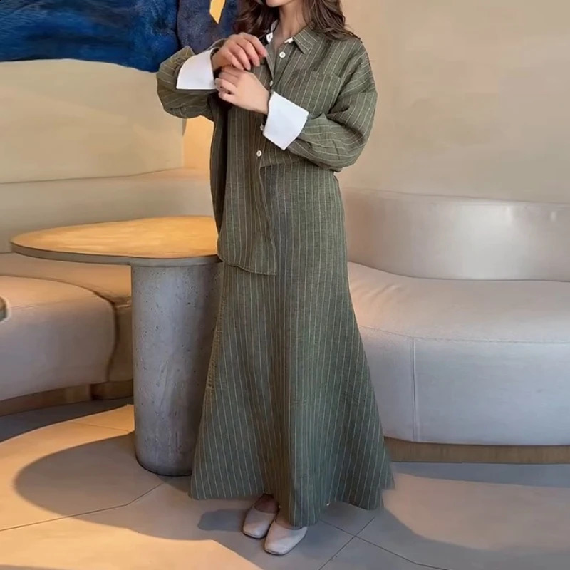 Fashion Autumn Winter Office Lady Womens Single Breasted Long Sleeved Shirt with Hip Wrapping Striped Long Skirt Set 250807