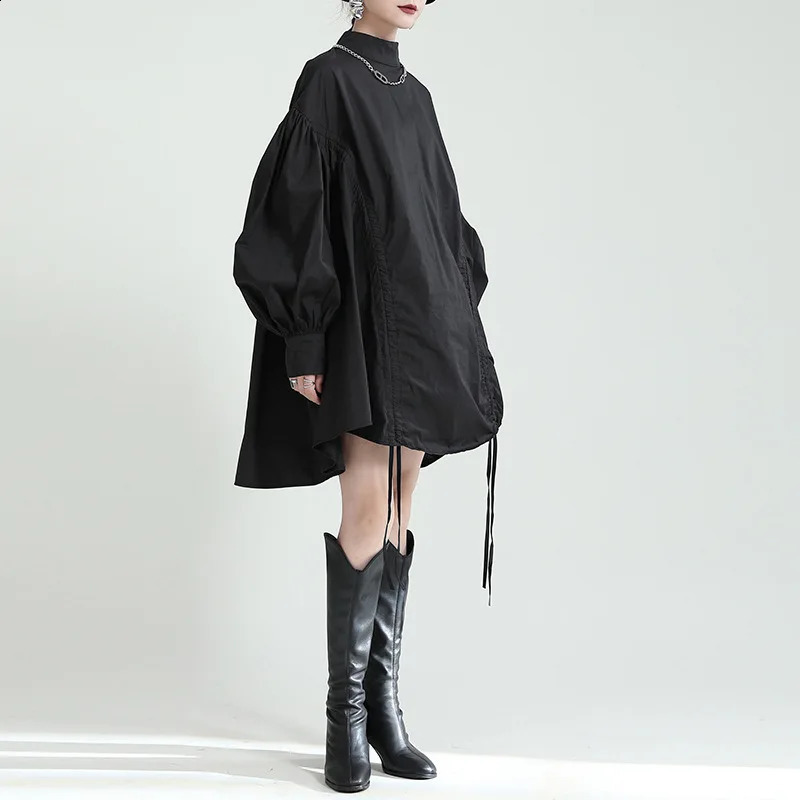 2025 Women Irregular Drawstring Big Size White Blouse Stand Collar Long Sleeve Shirt Fashion Spring Autumn 250806