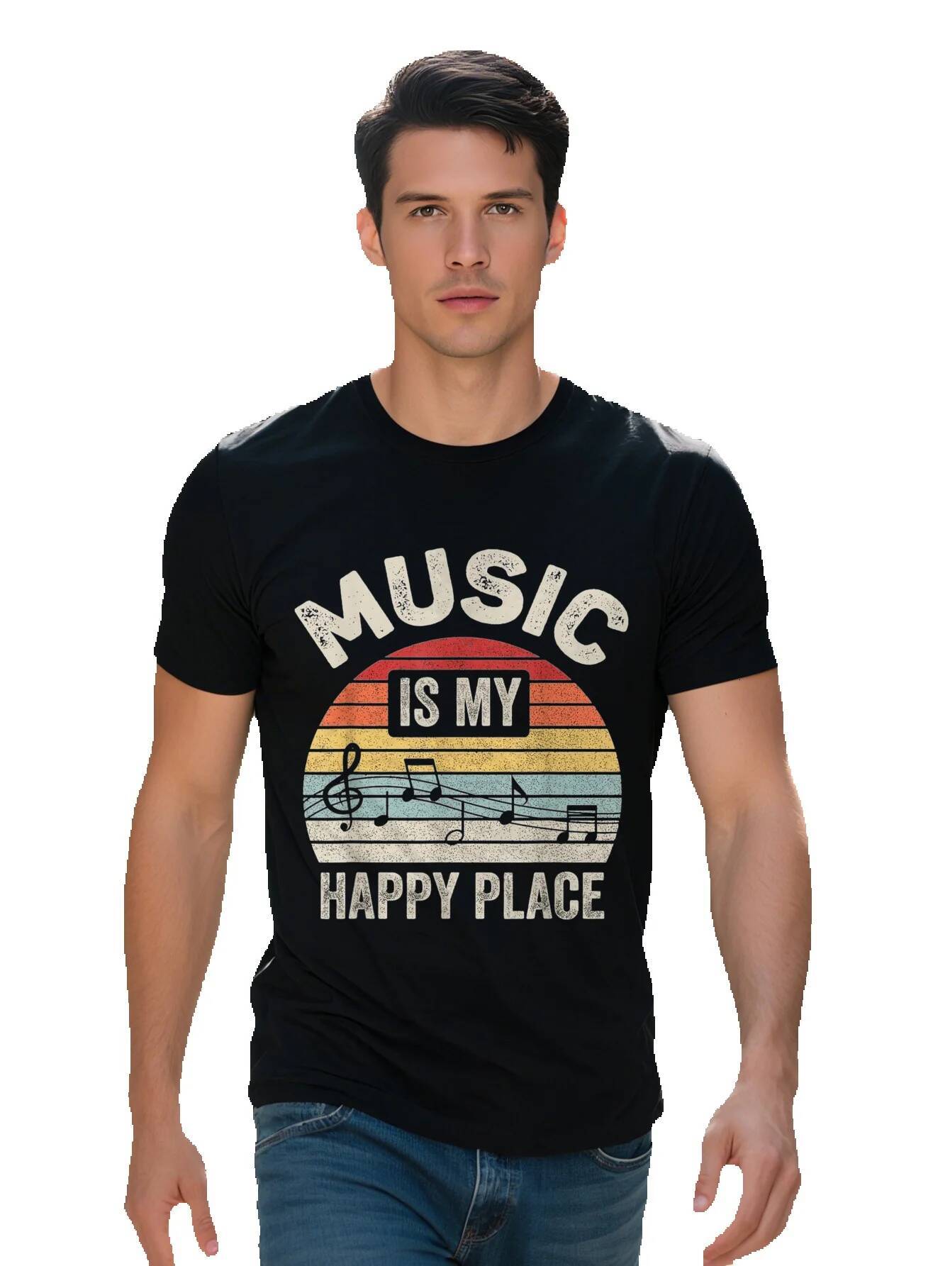 Men s Retro Is My Happy Place Graphic T-Shirt Cotton Short Sleeve Round Neck Music Inspired Design 3fc10