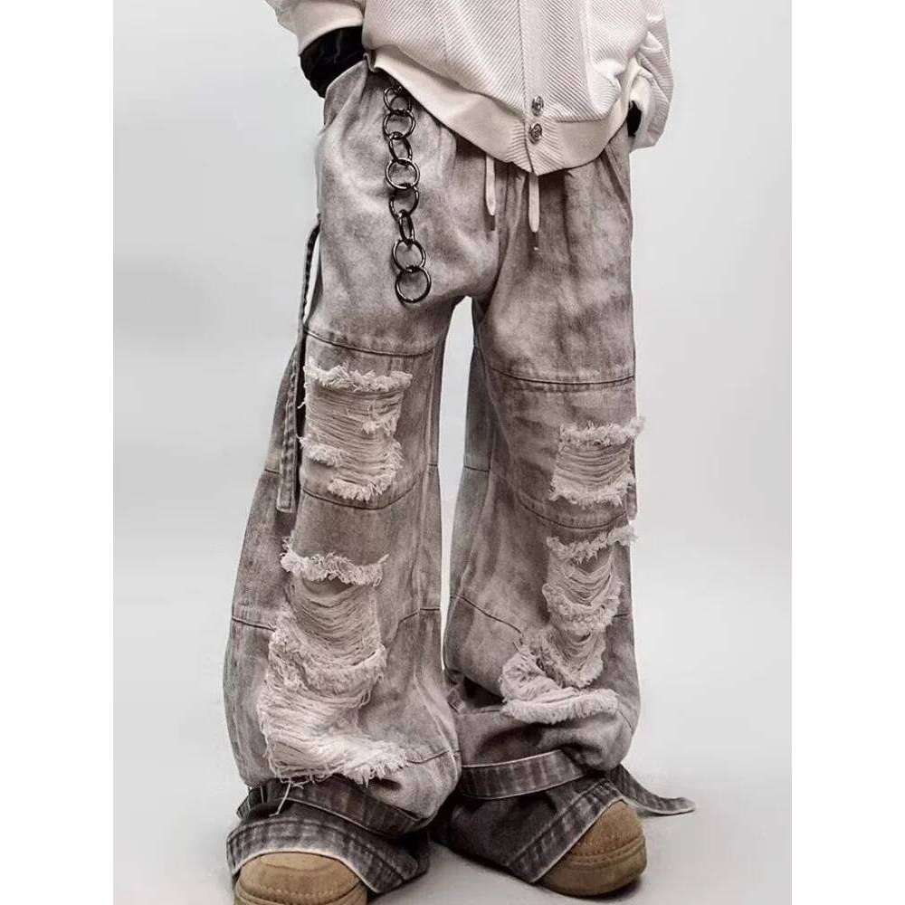 2025 Ropa Y2K Grunge Streetwear Vintage Grey Baggy Ripped Jeans Pants For Men Clothing Wide Leg Long Trousers Pantalones Hombre