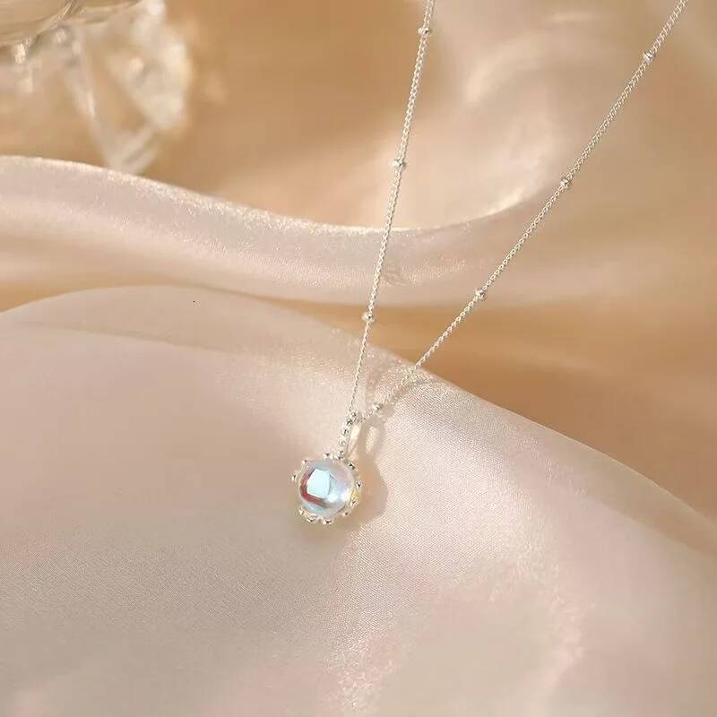 Popular sterling sier moonstone hollow necklace for women exquisite blue round pendant collarbone chain fashionable jewelr
