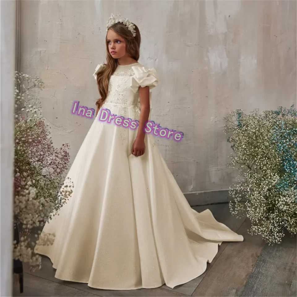 100% Cotton White Lace Applique Flower Girl Dress for Wedding Neck Toddler Puffy Princess Evening Party First Communion Ball Gown W250811