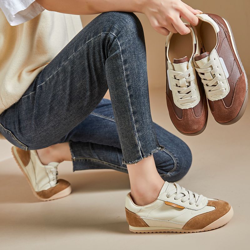 Genuine leather women's Dexin shoes 2025 designer new retro color blocked flat shoes casual sports shoes