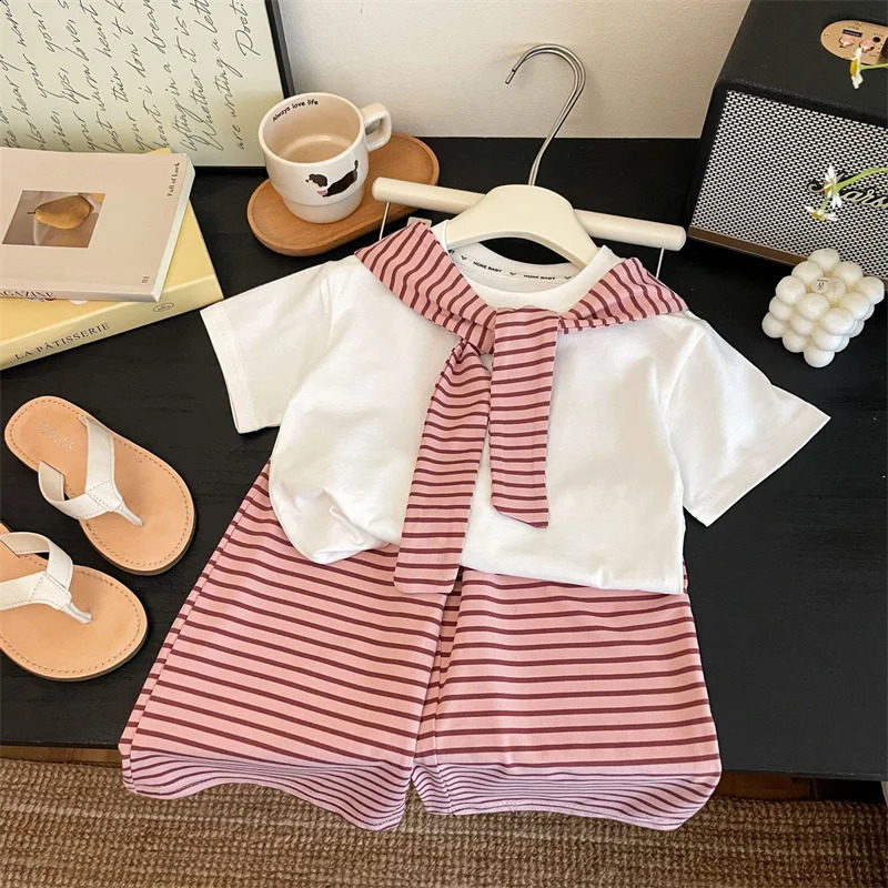 Girls Suit Summer Short-sleeved T-shirt With Stripes ShawlsPants 2Pcs Outfits Kids Casual Clothes Childrens Fashion Sets 1-12Y 250811