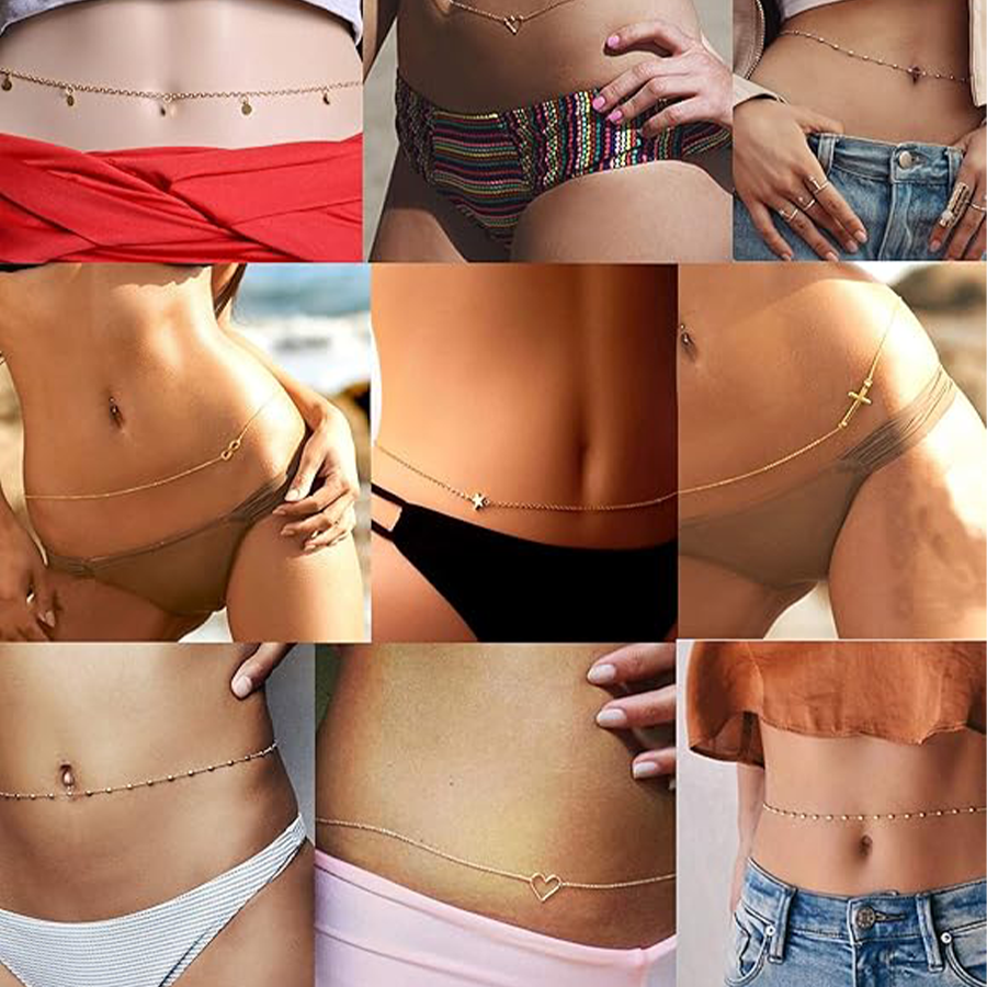 8Pcs Sexy Body Chain Belly Waist Chain Necklace Summer Beach Bikini Bra Body Jewelry for Women Gold Tone