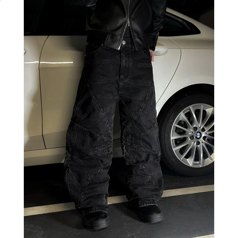 Gothic geometric spider pattern rosted long sleeves high quality baggy wide leg jeans for men niche Y2K versatile street trouser 250804