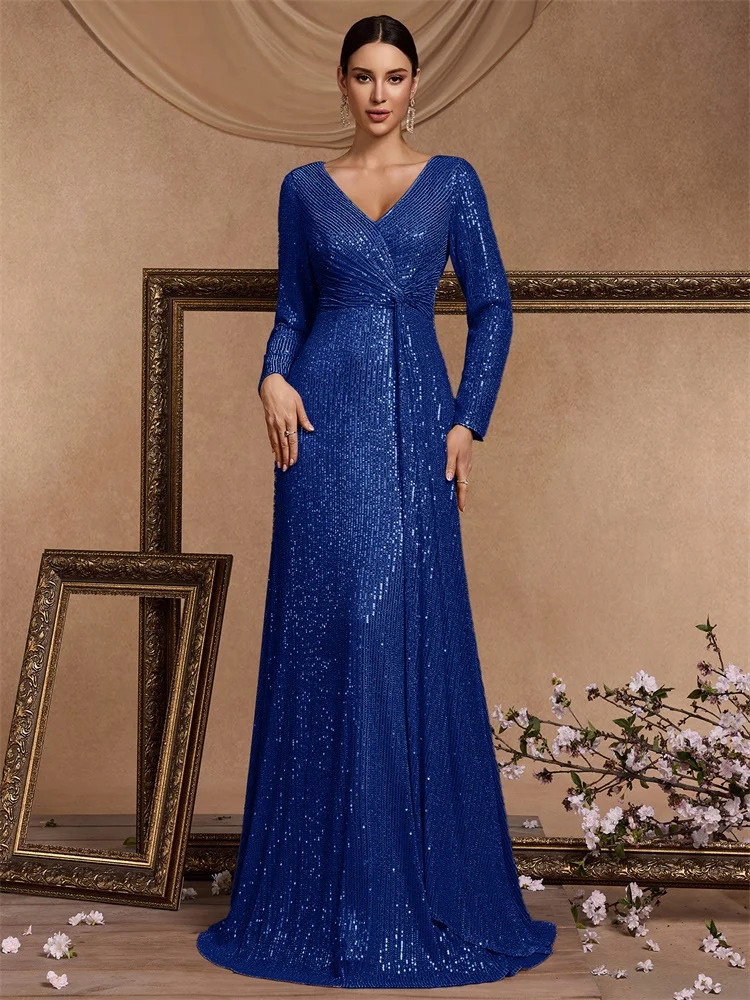 y Royal Blue Sequins Formal Evening Dresses elegant Long Sleeve Mermaid Prom Wedding Party Cocktail Graduation Gowns 250811