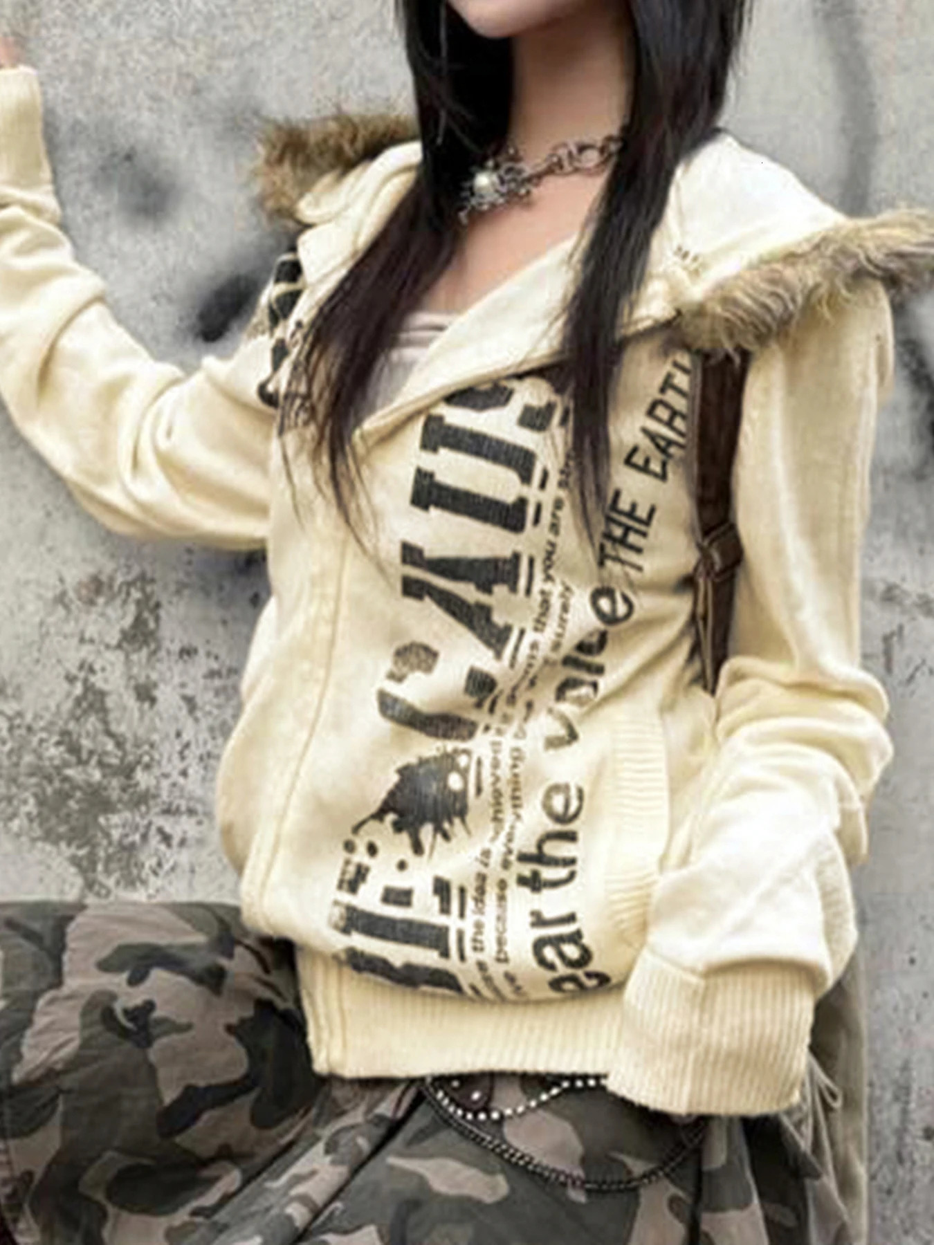 AltGoth Vintage Harajuku Y2k Sweatshirt Women Cyber Punk Gothic Lettes Printed Fur Collar Zipper Loose Casual Hooded Cardigan 250809