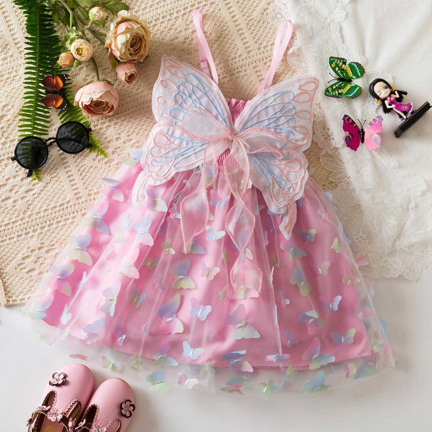Fairy Butterfly Dress for Girls Sling Tulle Wrinkle Dresses Kids Birthday and Weddings Dress with Rainbow Butterfly for 2-6 Years W250811