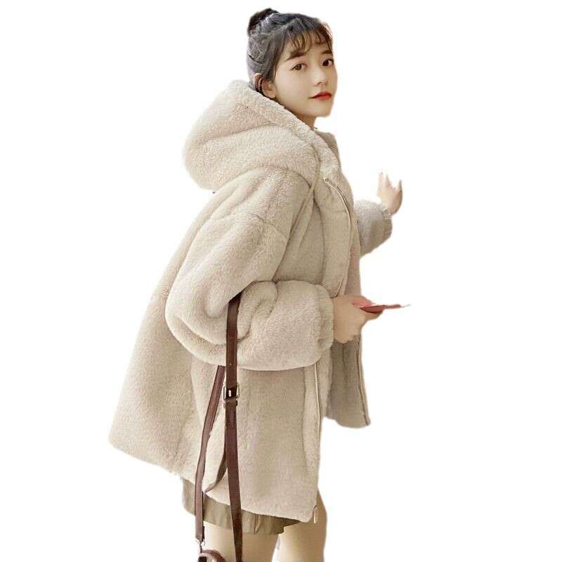 Winter women's artificial lazy rabbit coat, loose and thick wool hooded leather jacket